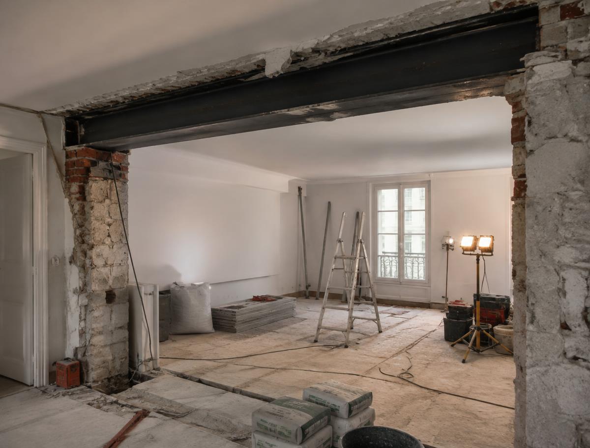Ouverture de mur porteur avec poutre acier posée