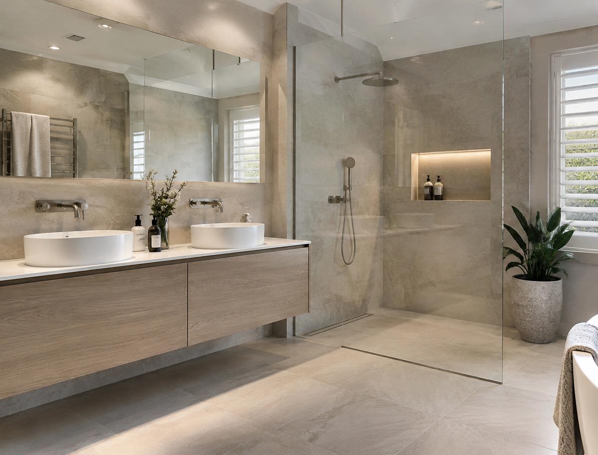 Salle de bain avec douche à l'italienne et double vasque